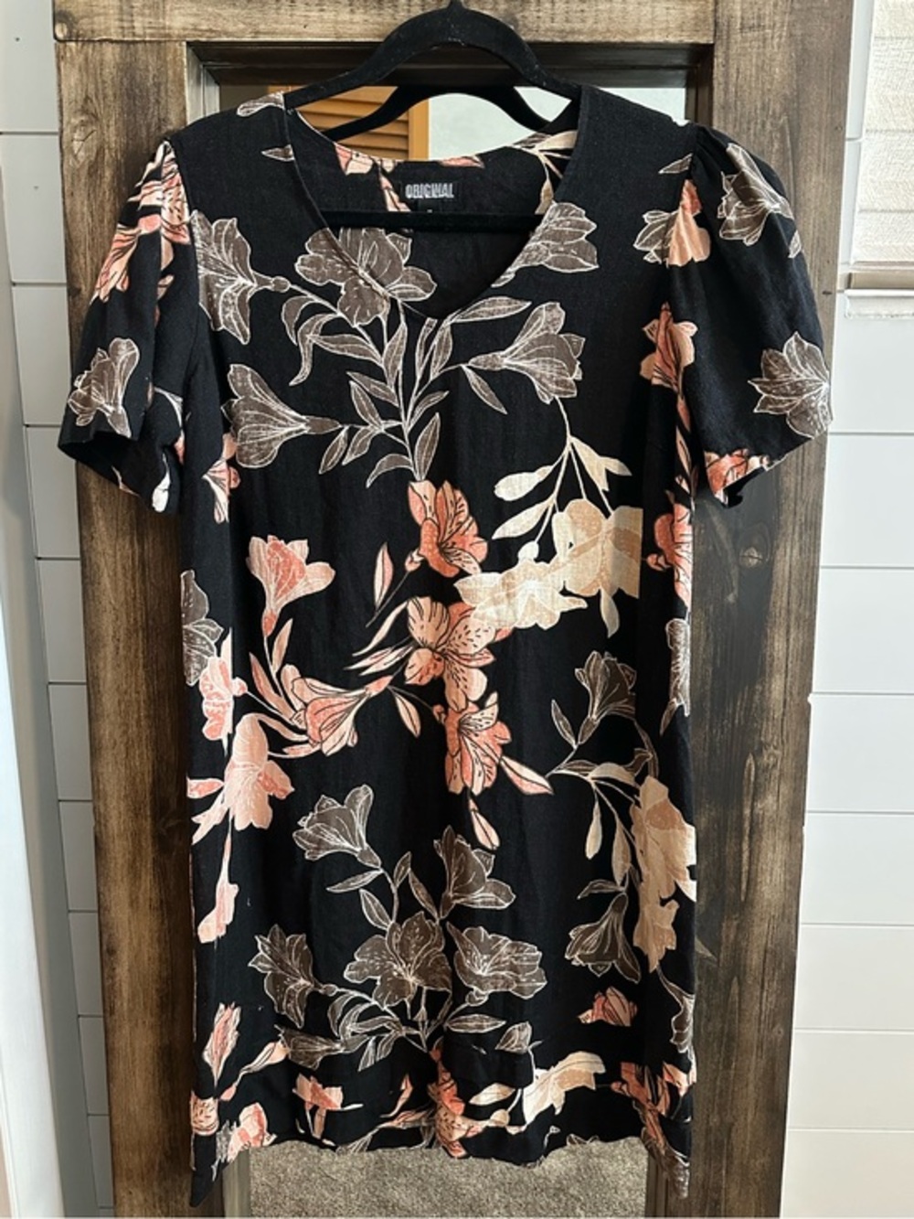 Linen Blend Floral mini shift dress M Original Nicole Miller Black Pink